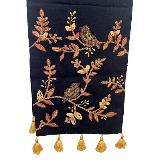 Pier 1 One Imports Beaded Table Runner 72 x 13 Inches Tassels Birds Floral - Picture 1 of 3